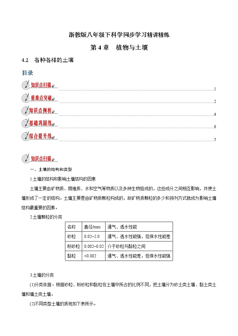 【精品讲义】浙教版 科学  8年级下册   4.2 各种各样的土壤（教师解析版+学生版）01