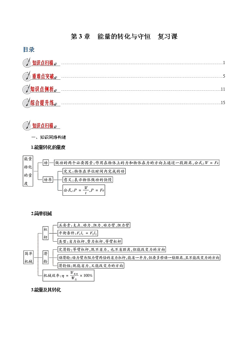 【精品讲义】浙教版 科学 9年级上册第3章 能量的转化与守恒复习课01