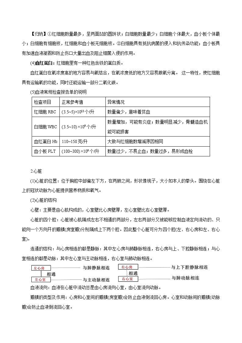 【精品讲义】浙教版 科学 9年级上册 4.3.1 体内物质的运输——血液、心脏和血管02