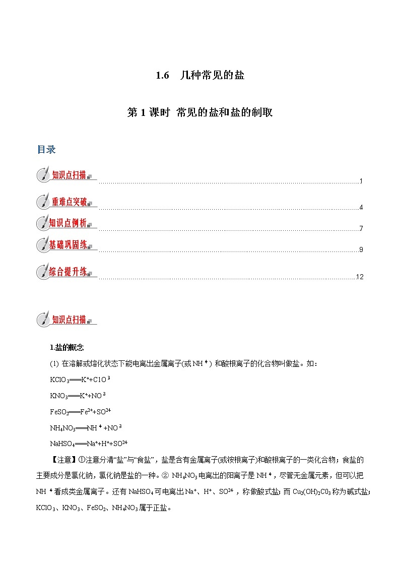 【精品讲义】浙教版 科学 9年级上册 1.6.1 常见的盐和盐的制取01