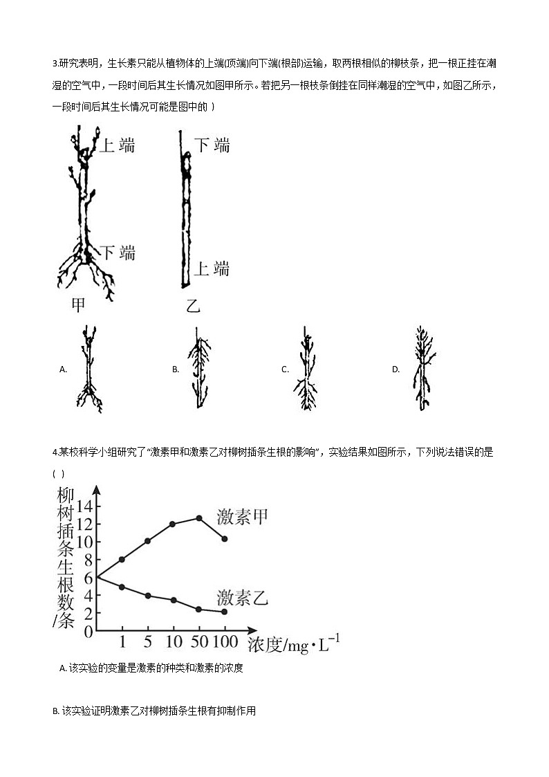2020-2021学年华东师大版科学八年级下册  7.5植物生命活动的调节 试卷02