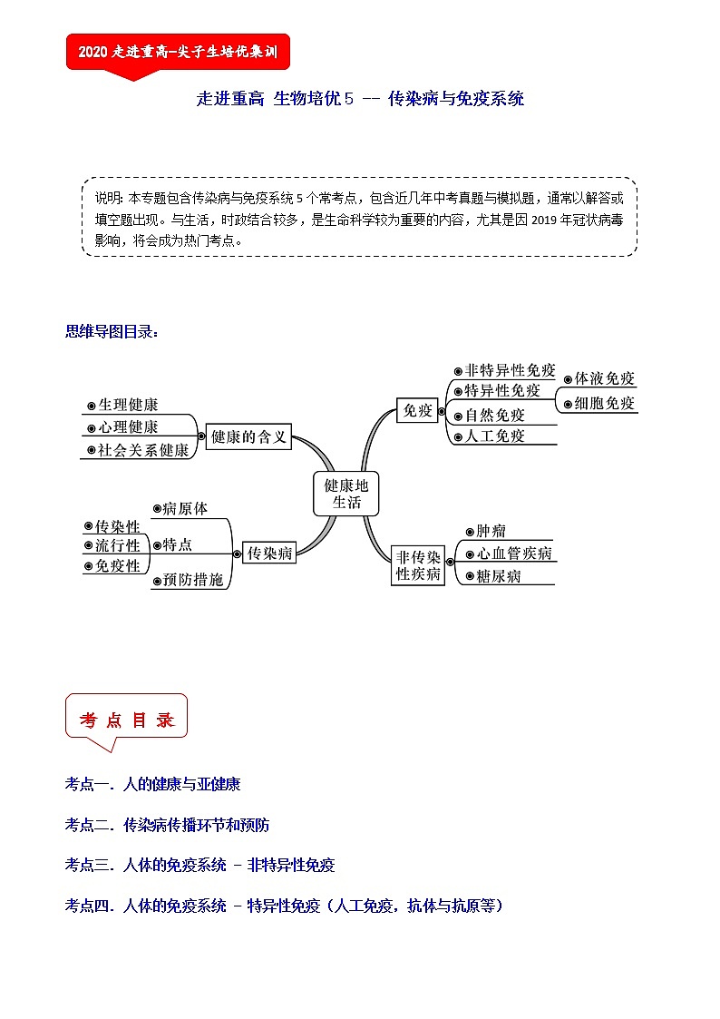传染病与免疫系统（6个考点）-2021年中考科学（浙教版）重难点、易错点复习练习（教育机构专用）01