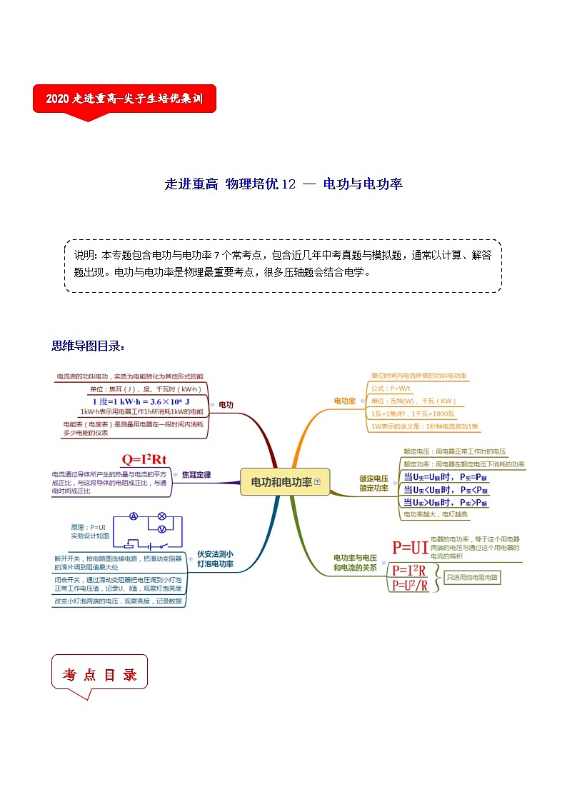 电功与电功率（5个考点）-2021年中考科学（浙教版）重难点、易错点复习练习（教育机构专用）01