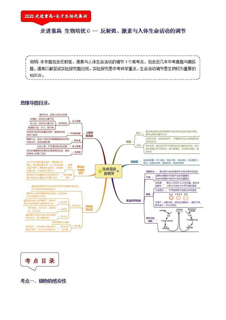 反射弧、激素与人体生命活动的调节（7个考点）-2021年中考科学（浙教版）重难点、易错点复习练习（教育机构专用）01