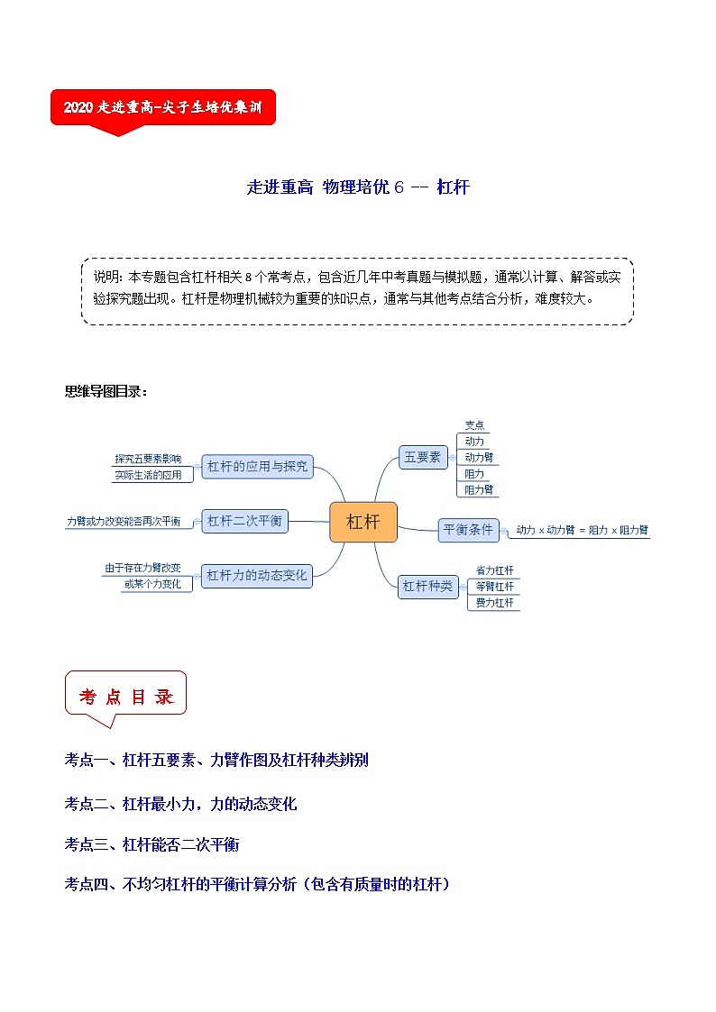 杠杆（8个考点）-2021年中考科学（浙教版）重难点、易错点复习练习（教育机构专用）01