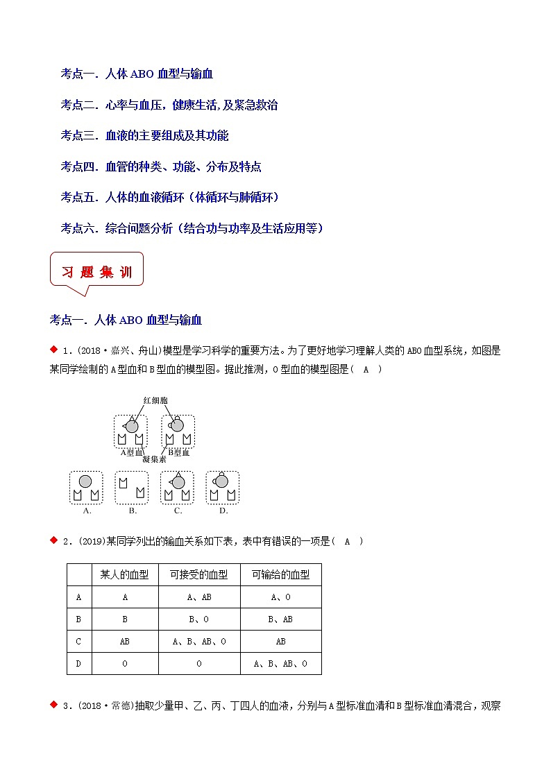 血液循环（6个考点）-2021年中考科学（浙教版）重难点、易错点复习练习（教育机构专用）02