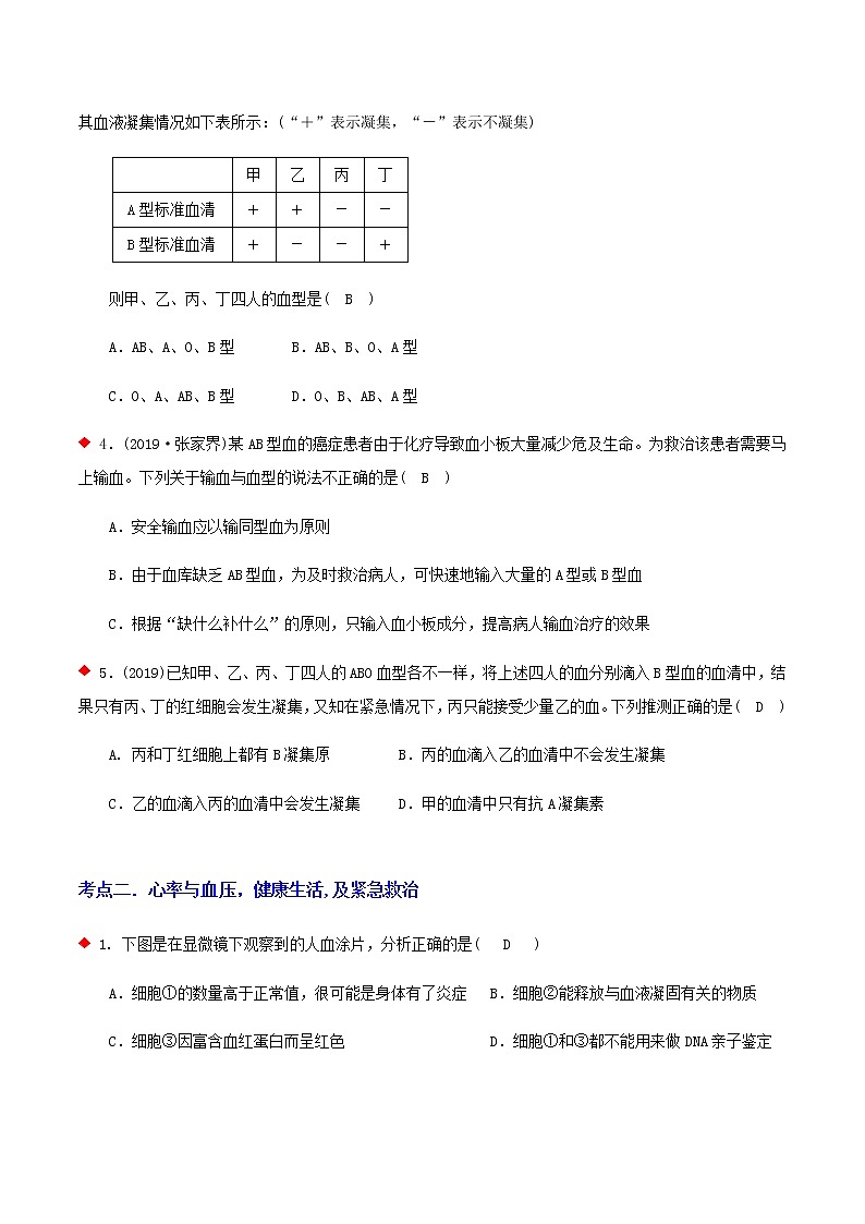 血液循环（6个考点）-2021年中考科学（浙教版）重难点、易错点复习练习（教育机构专用）03