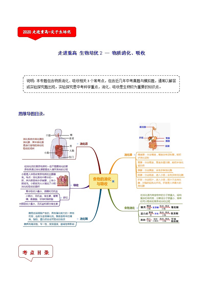 物质消化与吸收（3个考点）-2021年中考科学（浙教版）重难点、易错点复习练习（教育机构专用）第1页