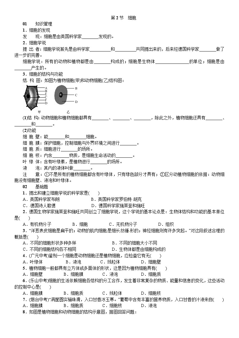 浙教版科学 七年级上册 第2章 观察生物 第2节 细胞（课件+教案+试题）01