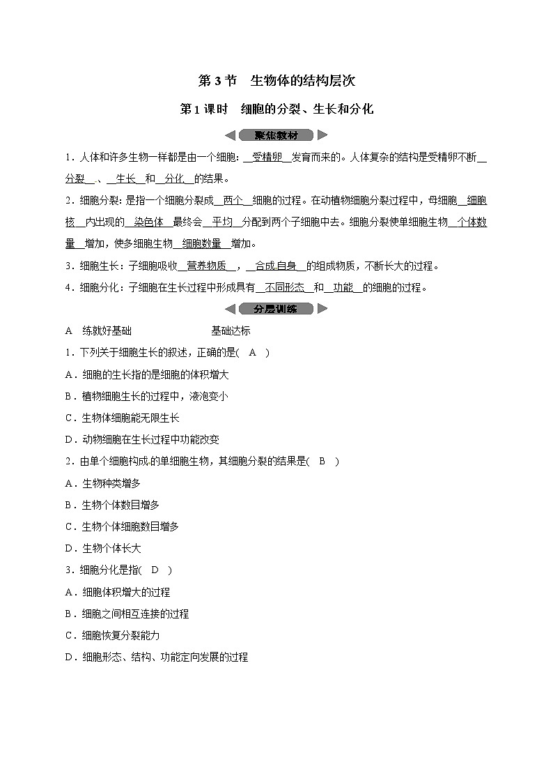 浙教版科学 七年级上册 第2章 观察生物 第3节 生物体的结构层次（课件+教案+试题）01