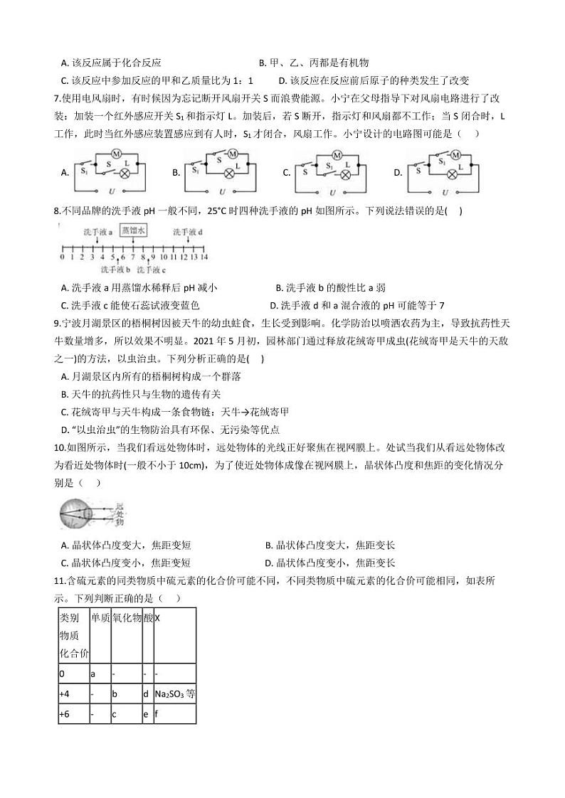 浙江省宁波市2021年中考科学试卷解析版02