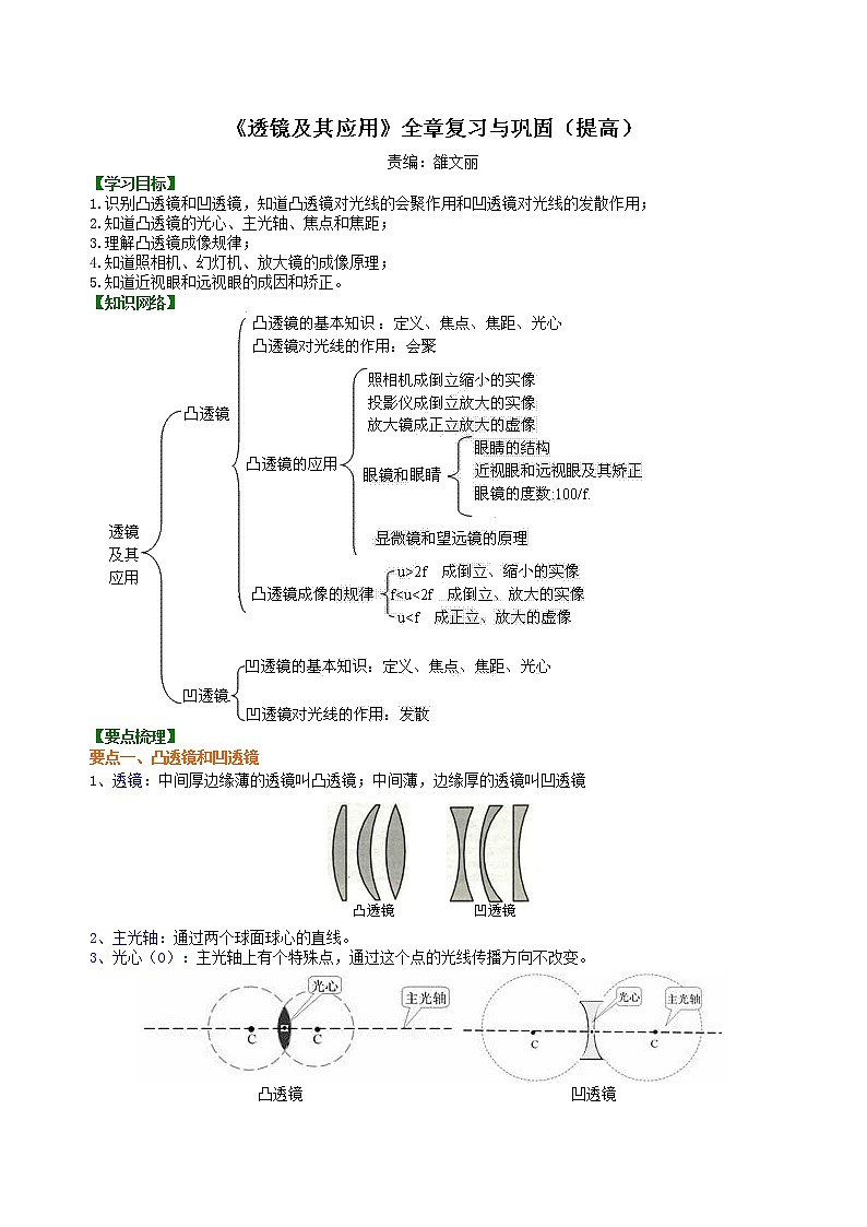 人教版八年级上册物理人教版八年级上册物理44【提高】《透镜及其应用》全章复习与巩固学案+习题01