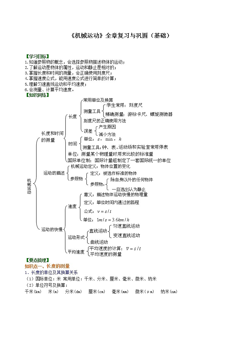 人教版八年级上册物理人教版八年级上册物理06【基础】《机械运动》全章复习与巩固学案+习题01