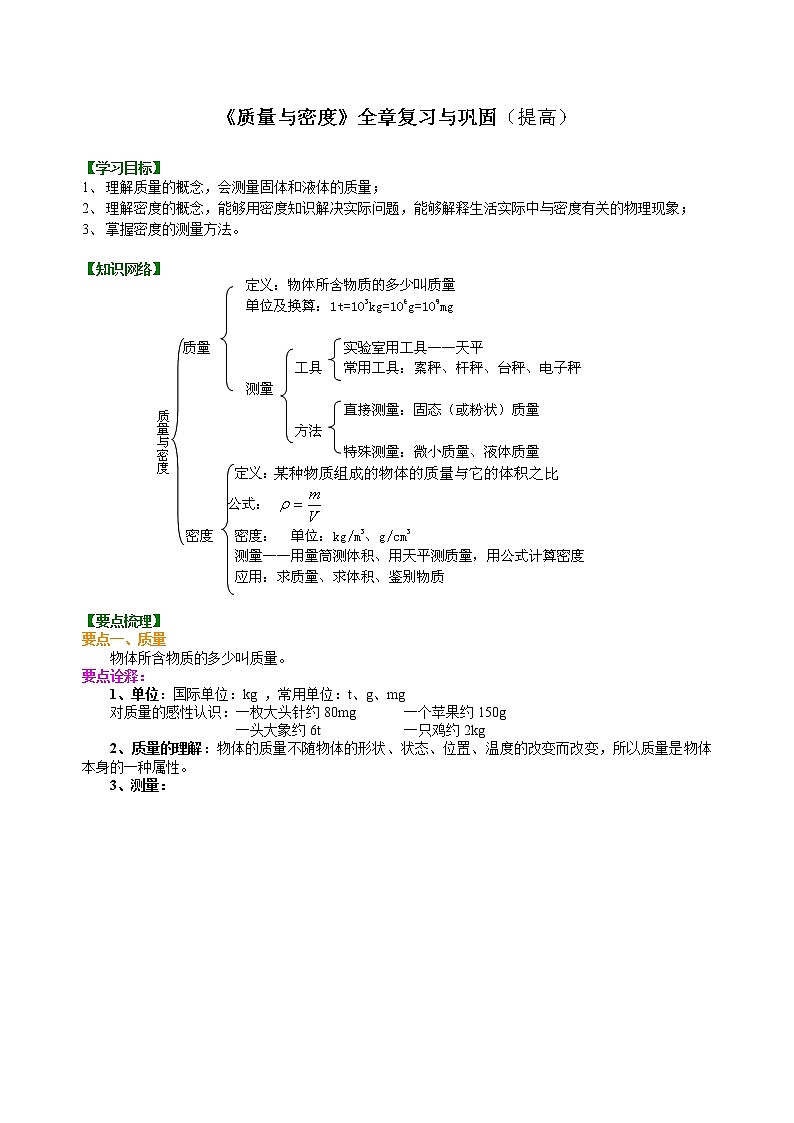 人教版八年级上册物理人教版八年级上册物理53【提高】《质量与密度》全章复习与巩固---学案+习题01