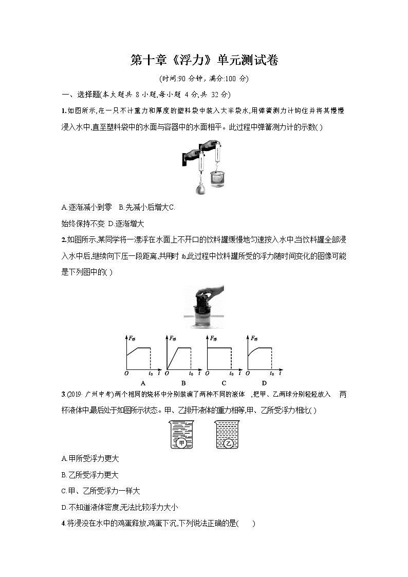 人教版八年级物理下册第十章《浮力》单元测试卷测试题（含答案）第1页