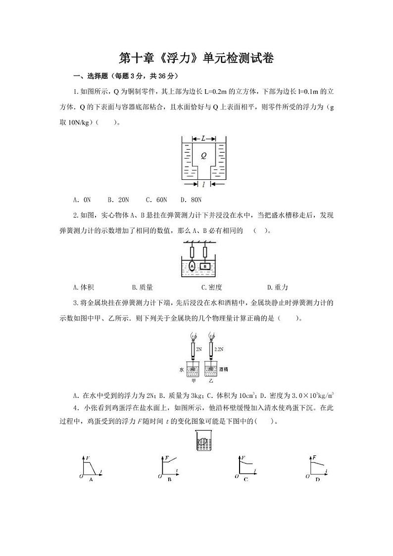 人教版八年级物理下册第十章《浮力》单元检测试卷测试题（含答案）第1页