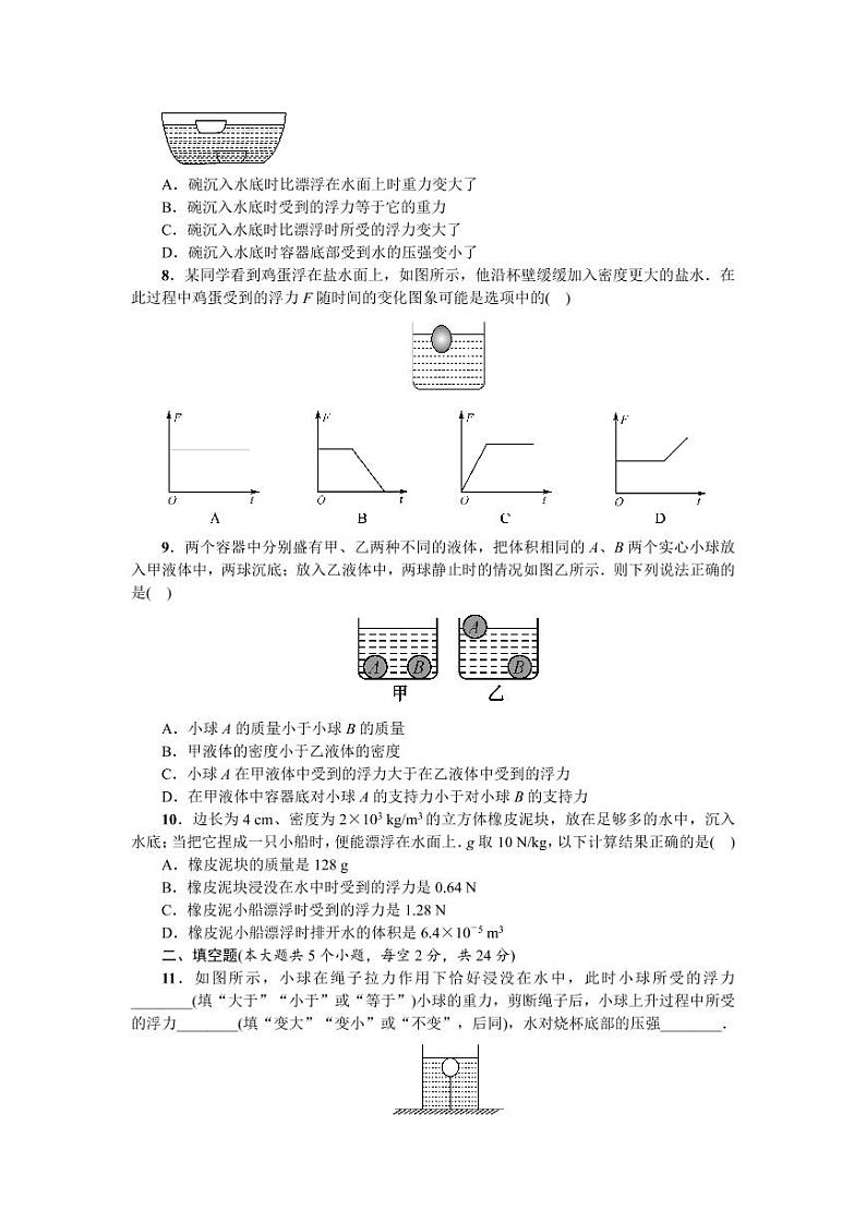人教版八年级物理下册第十章《浮力》单元综合检测试卷测试题（含答案）02