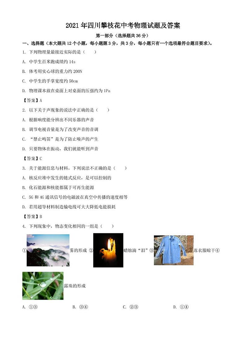 2021年四川攀枝花中考物理试题解析版01