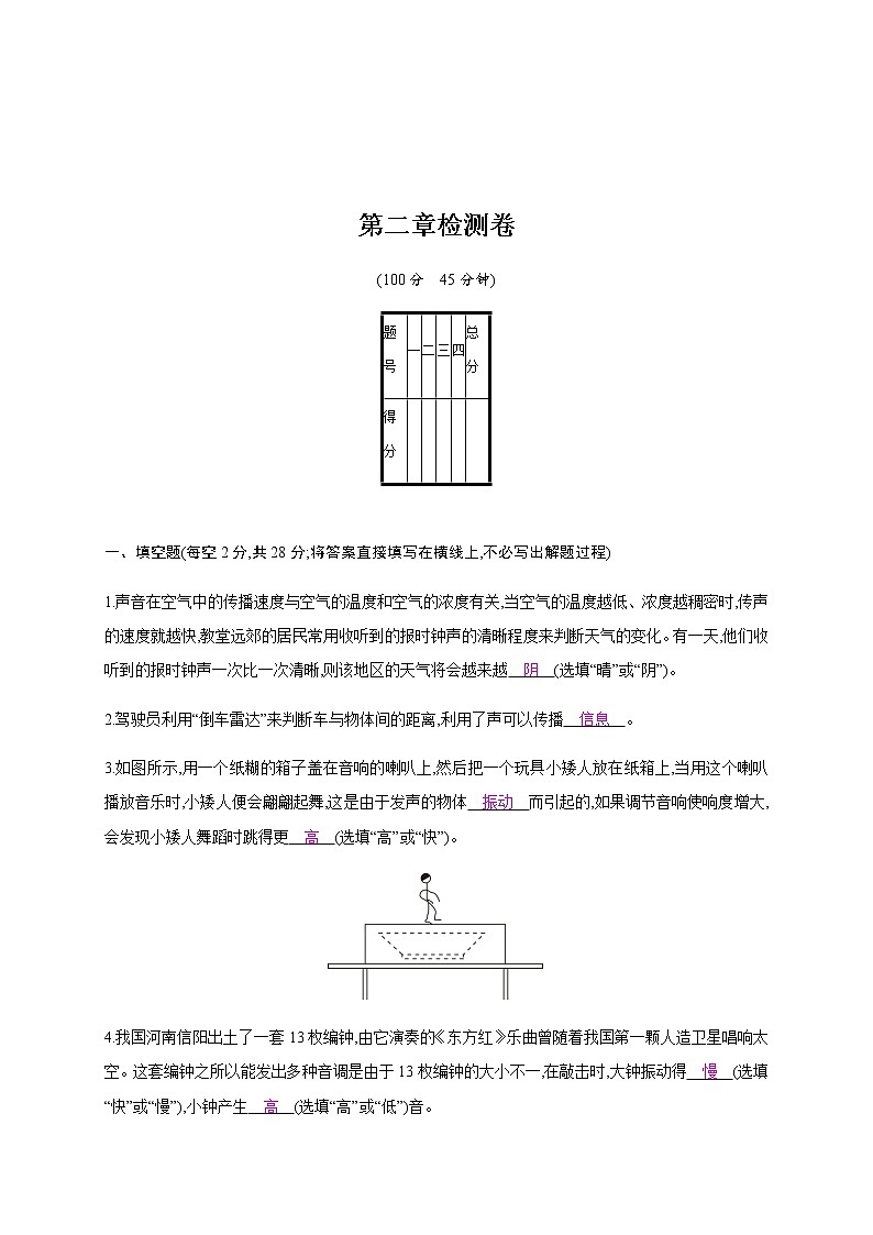 第二章检测卷—2020年秋八年级物理上册（沪粤版）Word版课时作业01