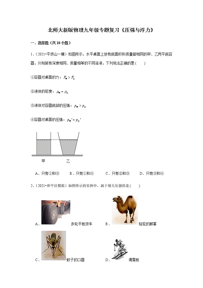 北师大新版物理八年级下册专题复习《压强与浮力》（含答案）第1页