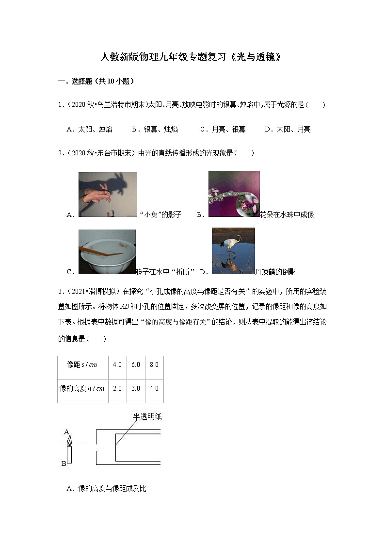 人教新版物理八年级下册专题复习《光与透镜》（含答案）第1页