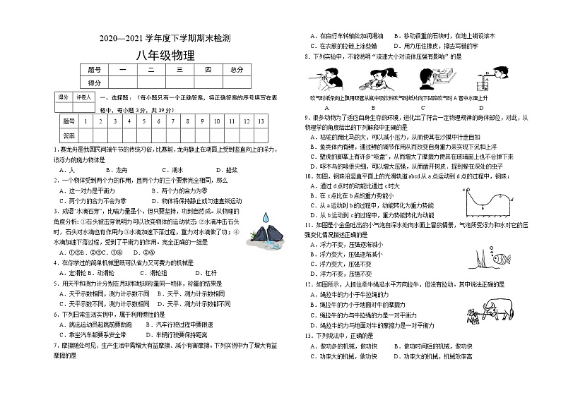 内蒙古呼伦贝尔扎兰屯市2020-2021学年八年级下学期期末考试物理试题（word版 含答案）第1页