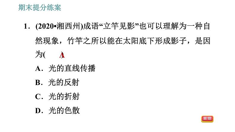 人教版八年级上册物理习题课件 期末提分练案 第4讲   第1课时   达标训练   光现象第4页