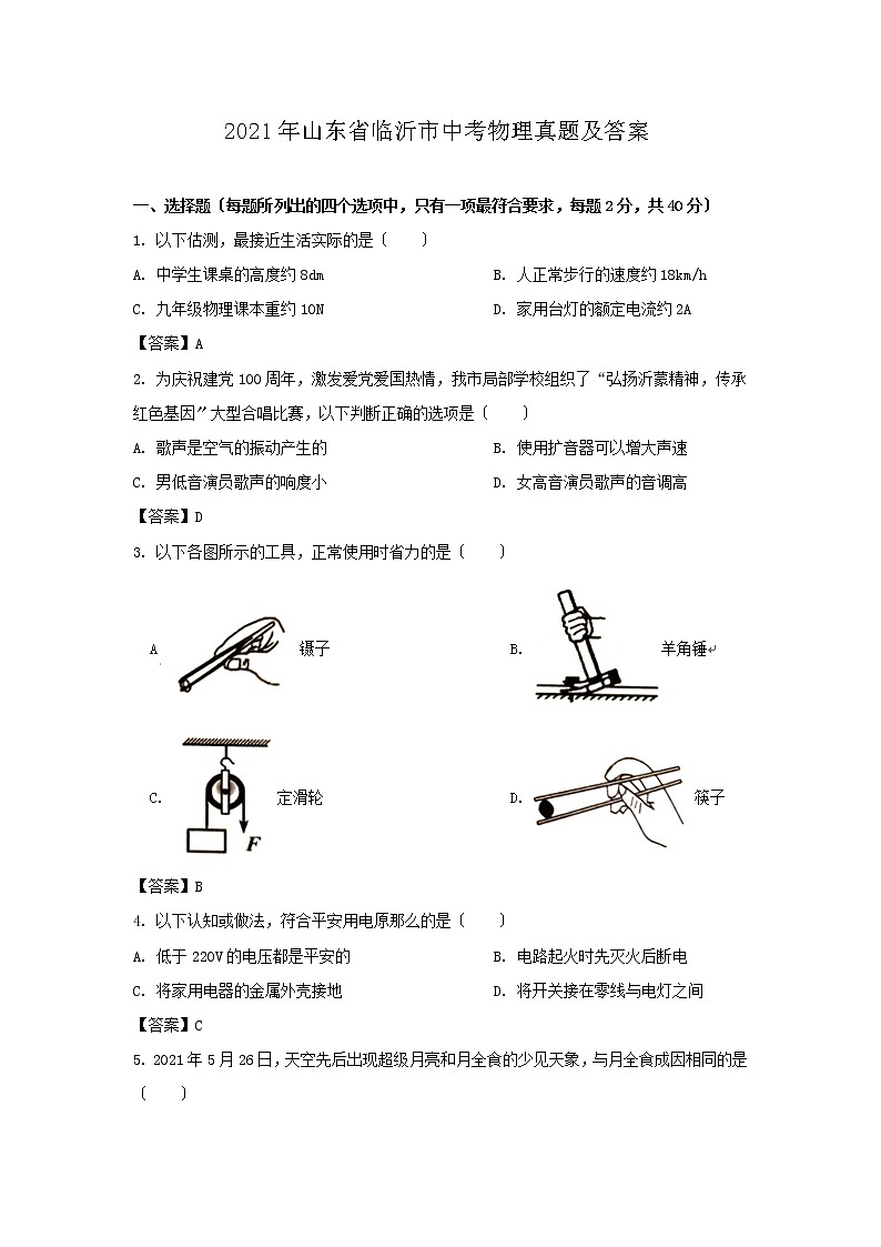 2021年山东省临沂市中考物理真题及答案（Word版）01