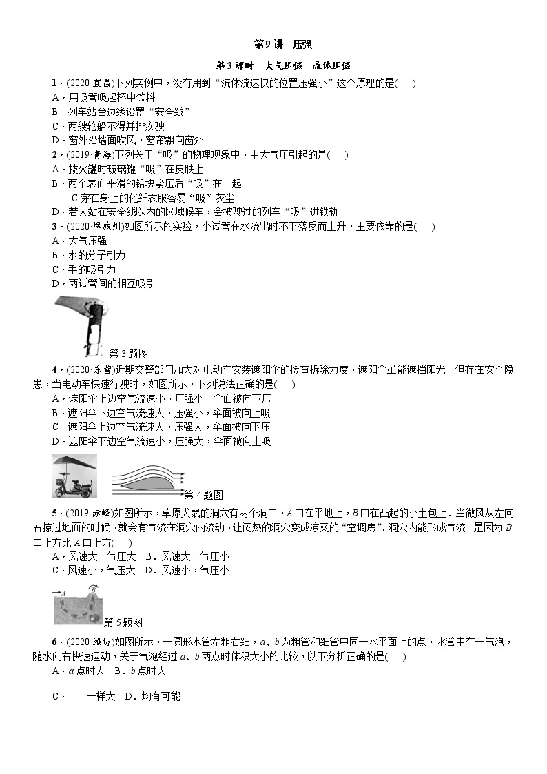 2021年广东省物理中考一轮复习 第9讲 第3课时 大气压强、流体压强 同步练习（含答案）01