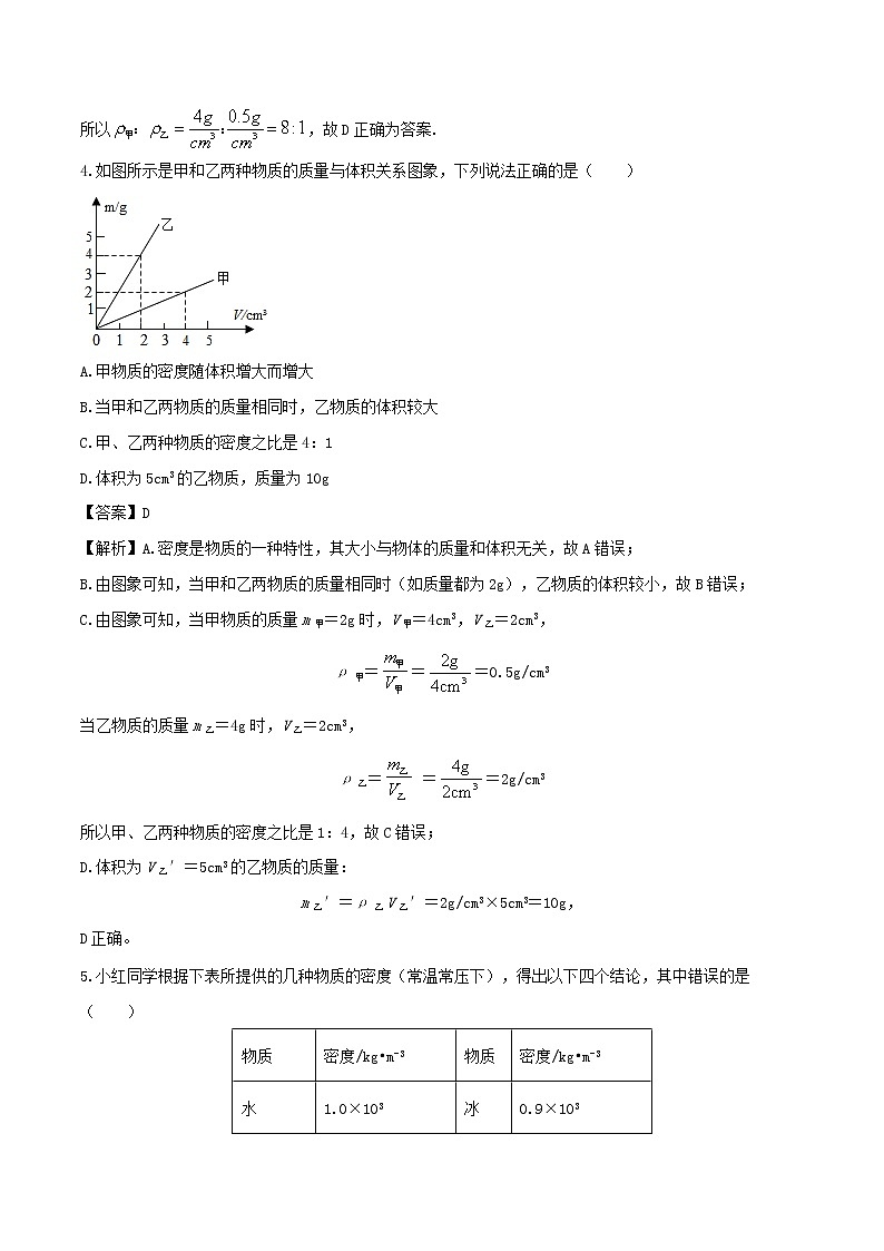 2020_2021学年八年级物理上册6.2密度练习含解析第2页
