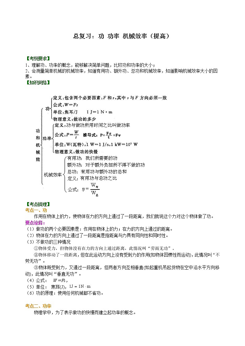 总复习：功 功率 机械效率（提高）知识讲解第1页