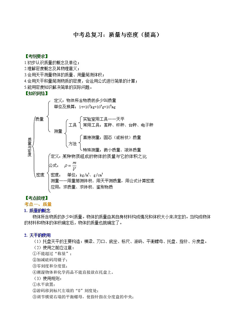 总复习：质量与密度（提高）知识讲解01