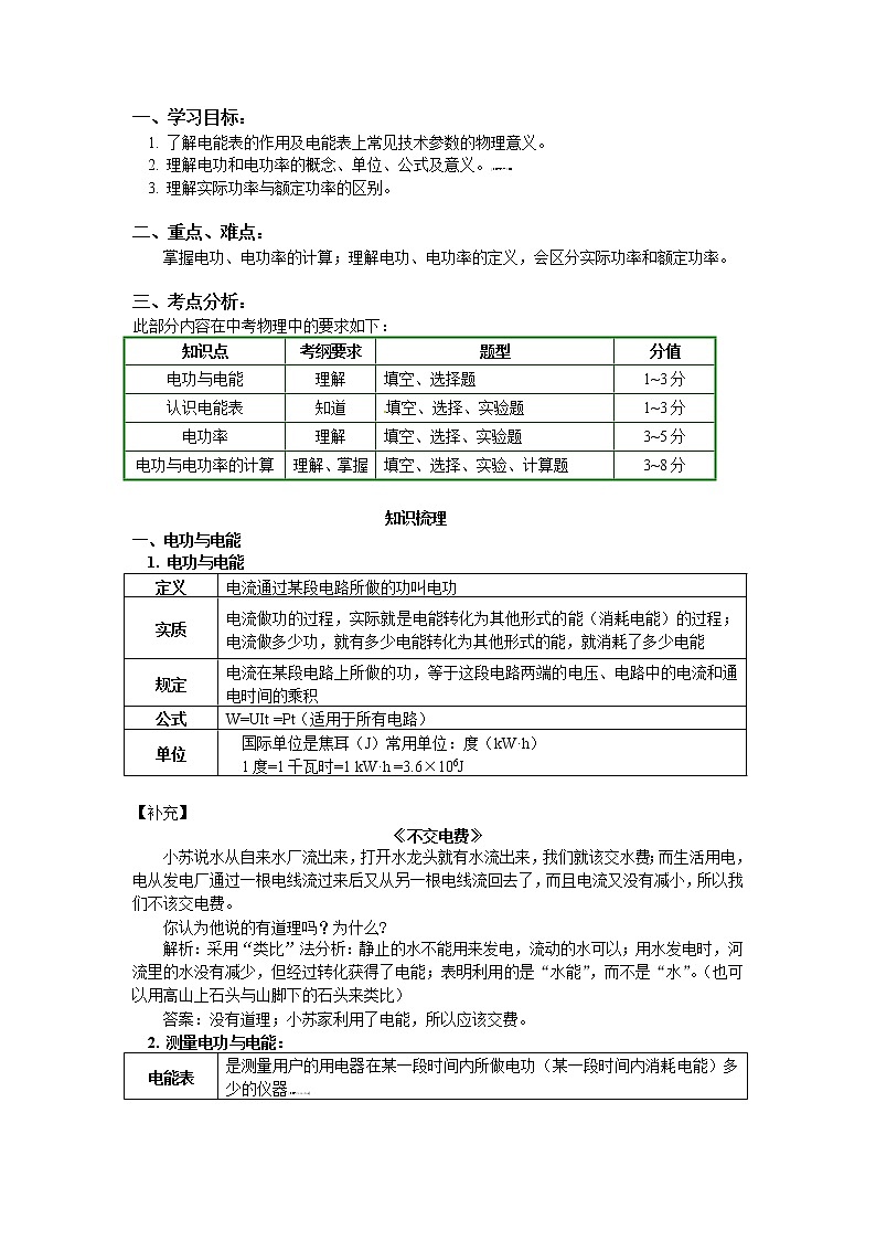 2020中考人教版物理 专题复习 教案：电能；电功率(1)第1页
