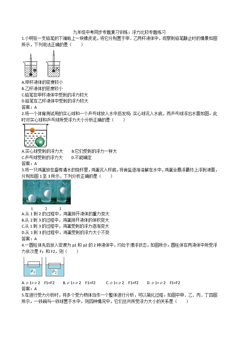 2020人教版九年级中考第一轮同步专题复习训练：浮力大小比较专题练习(4)第1页