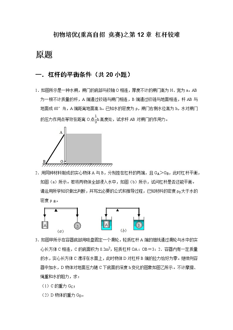 第12章 杠杆较难   难题练习   2021年初中物理培优(重点高中自主招生  竞赛)02