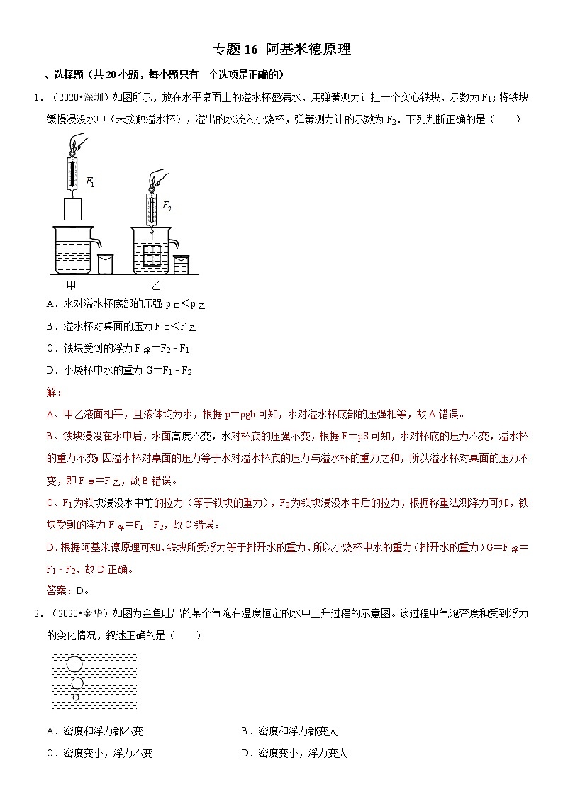 专题16 阿基米德原理（解析版）-2020-2021学年八年级物理下册期末考试总复习热点题型抢先练（人教版） 第1页