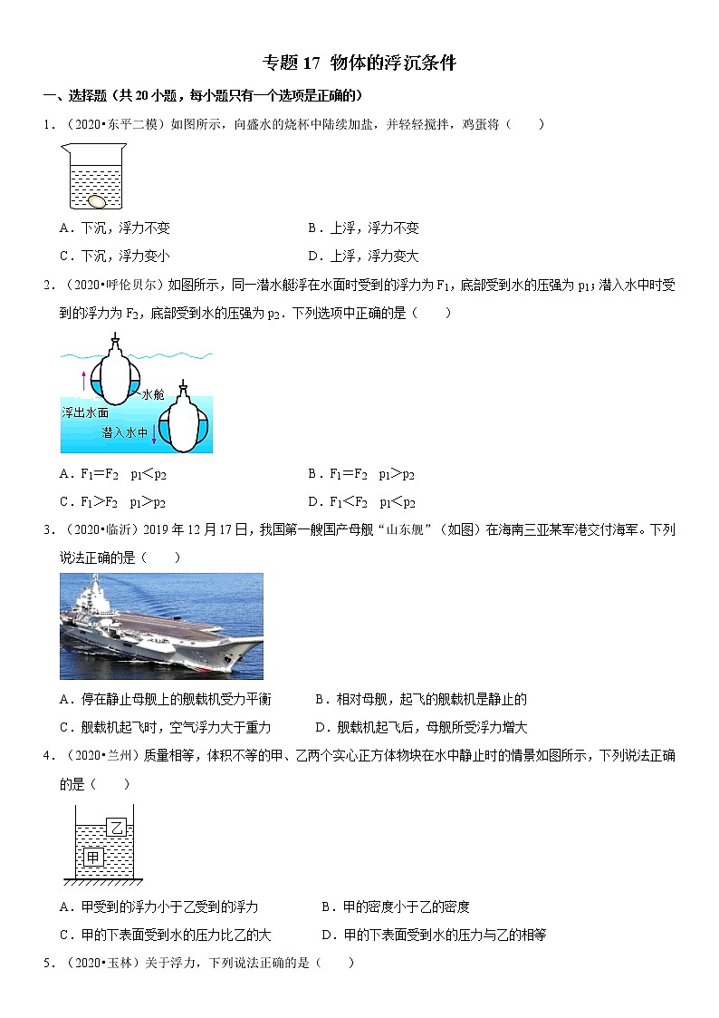 试卷专题17 物体的浮沉条件-2020-2021学年八年级物理下册期末考试总复习热点题型抢先练（人教版）（原卷+解析卷）01