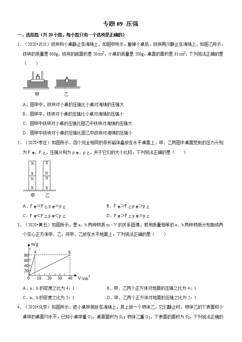 专题09 压强（原卷版）-2020-2021学年八年级物理下册期末考试总复习热点题型抢先练（人教版）第1页