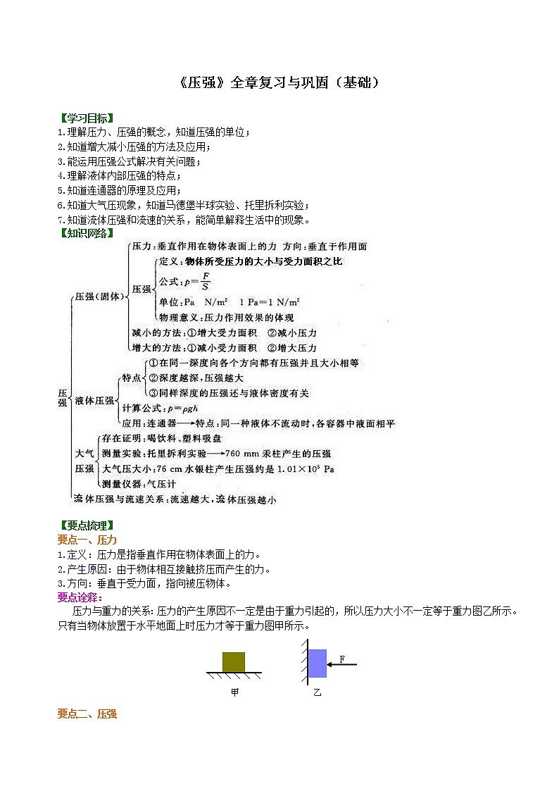2021年人教版物理物理八年级下册第九章《压强》全章复习与巩固（基础）教案第1页