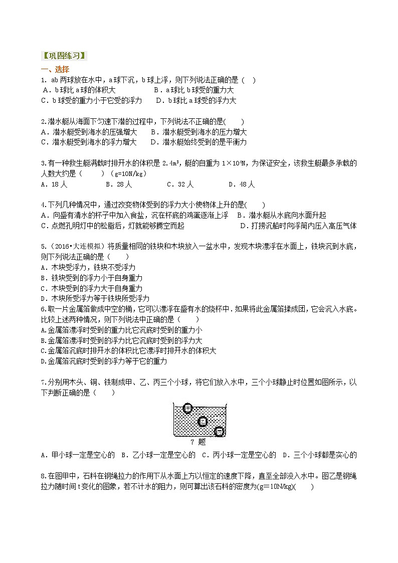 2021年人教版物理物理八年级下册《浮力》全章复习与巩固（基础）巩固练习(含答案)第1页