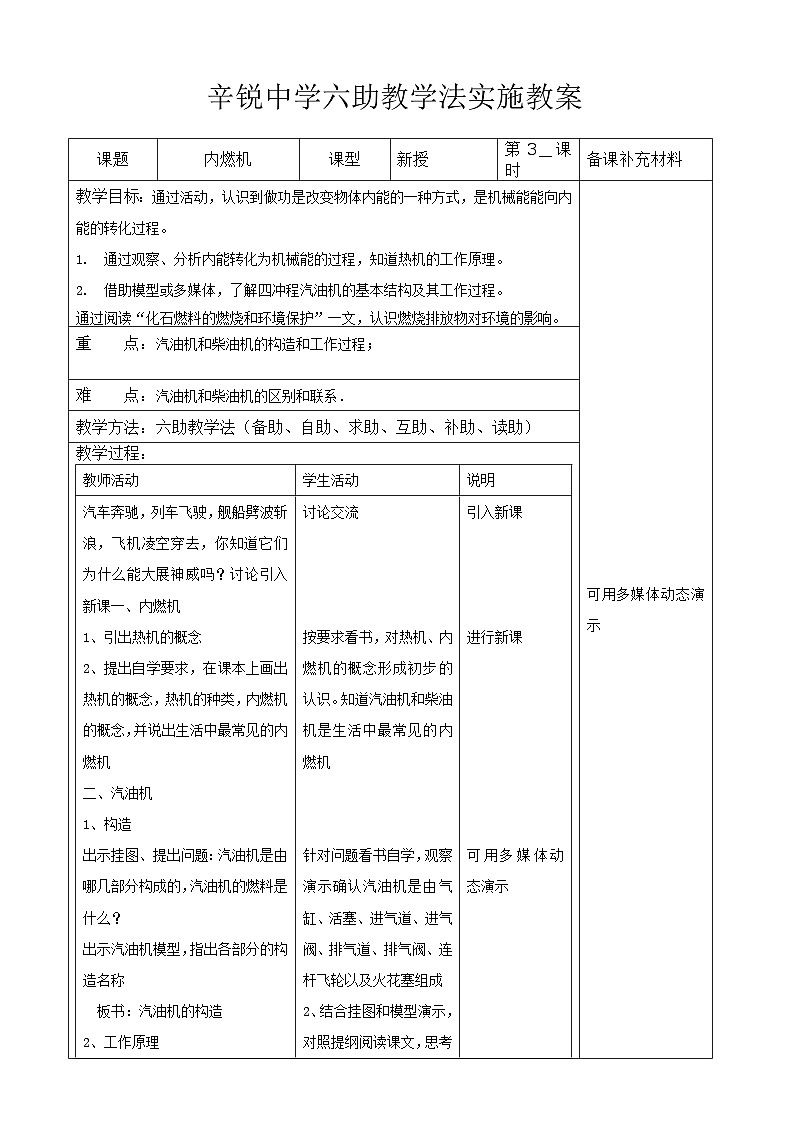 沪科版九年级物理全册六助教学法实施教案：133 内燃机01