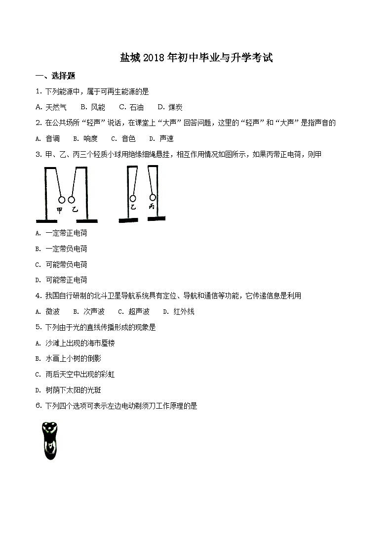 江苏省盐城市2018年中考物理试题（原卷+解析）01