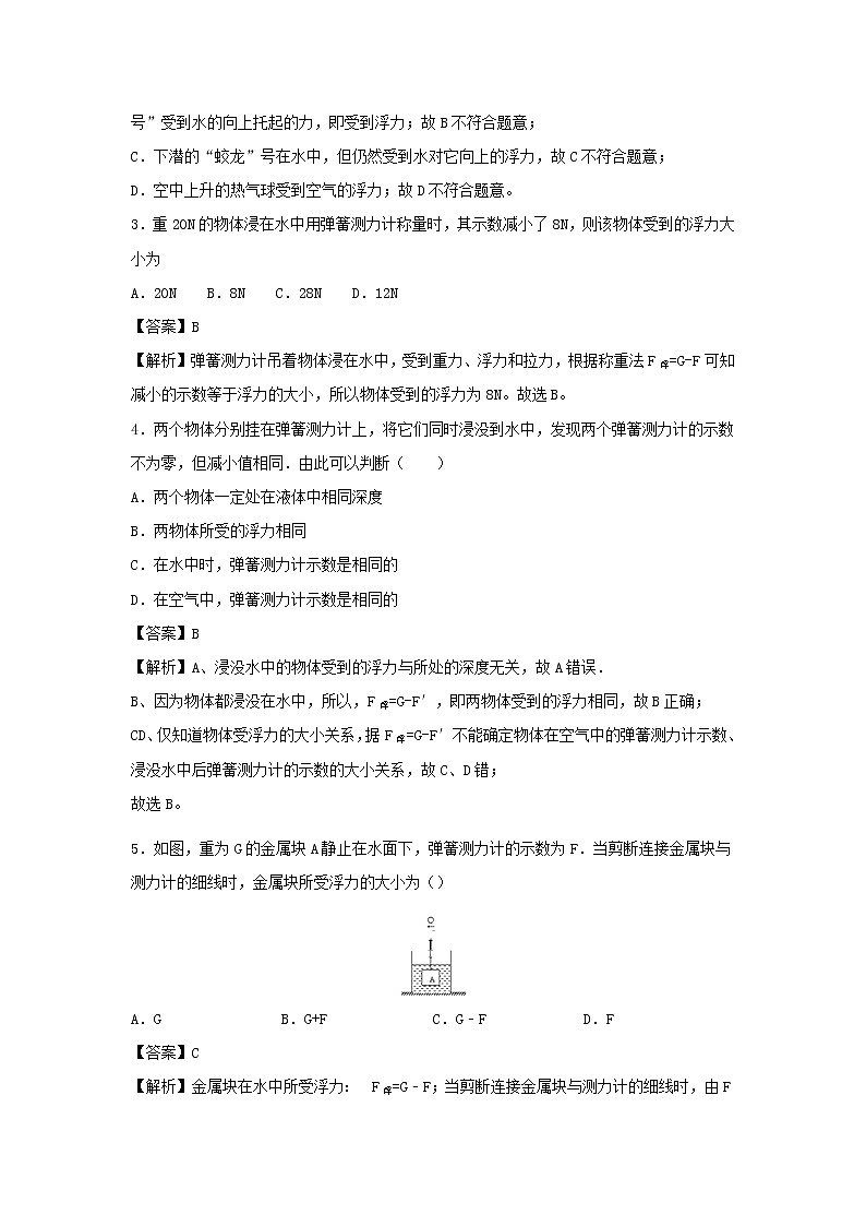 2019_2020学年八年级物理下册10.1浮力同步培优训练卷含解析新版新人教版02