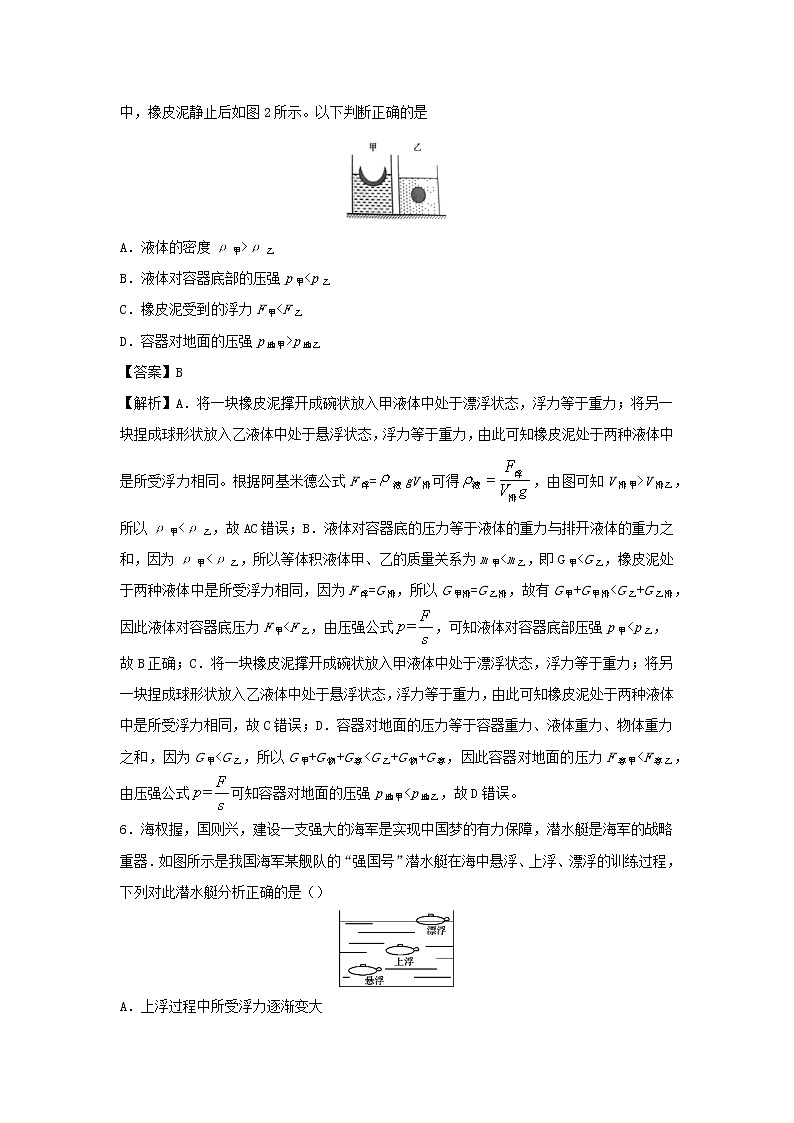 2019_2020学年八年级物理下册10.3物体的浮沉条件及应用同步培优训练卷含解析新版新人教版03