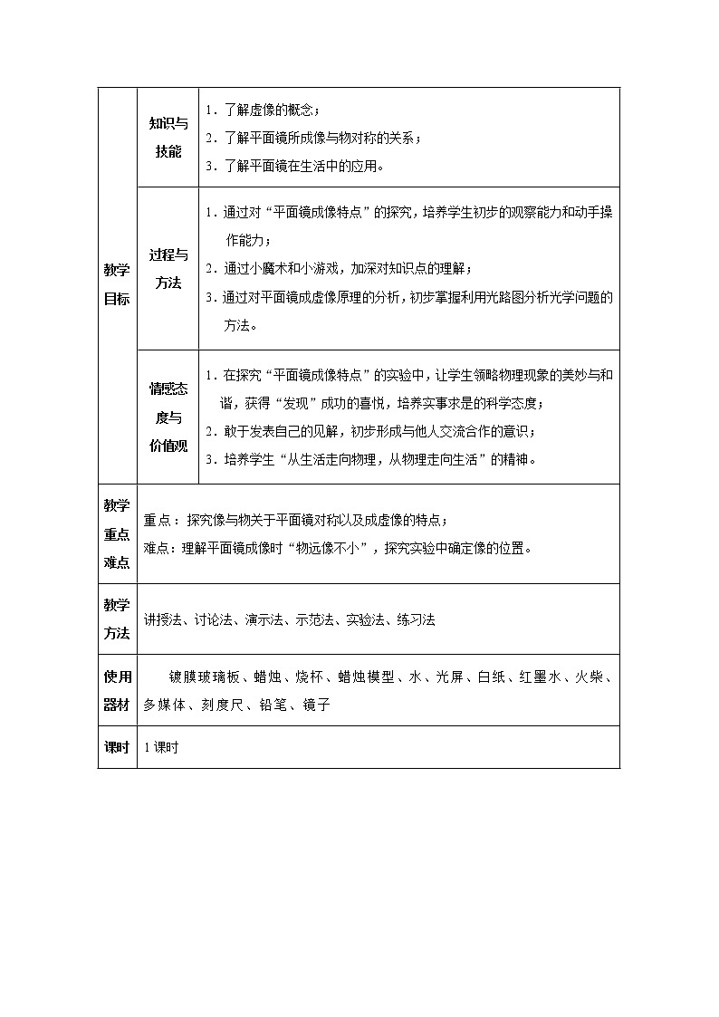 人教版八年级上册物理 第4章 第3节 平面镜成像 教学设计302
