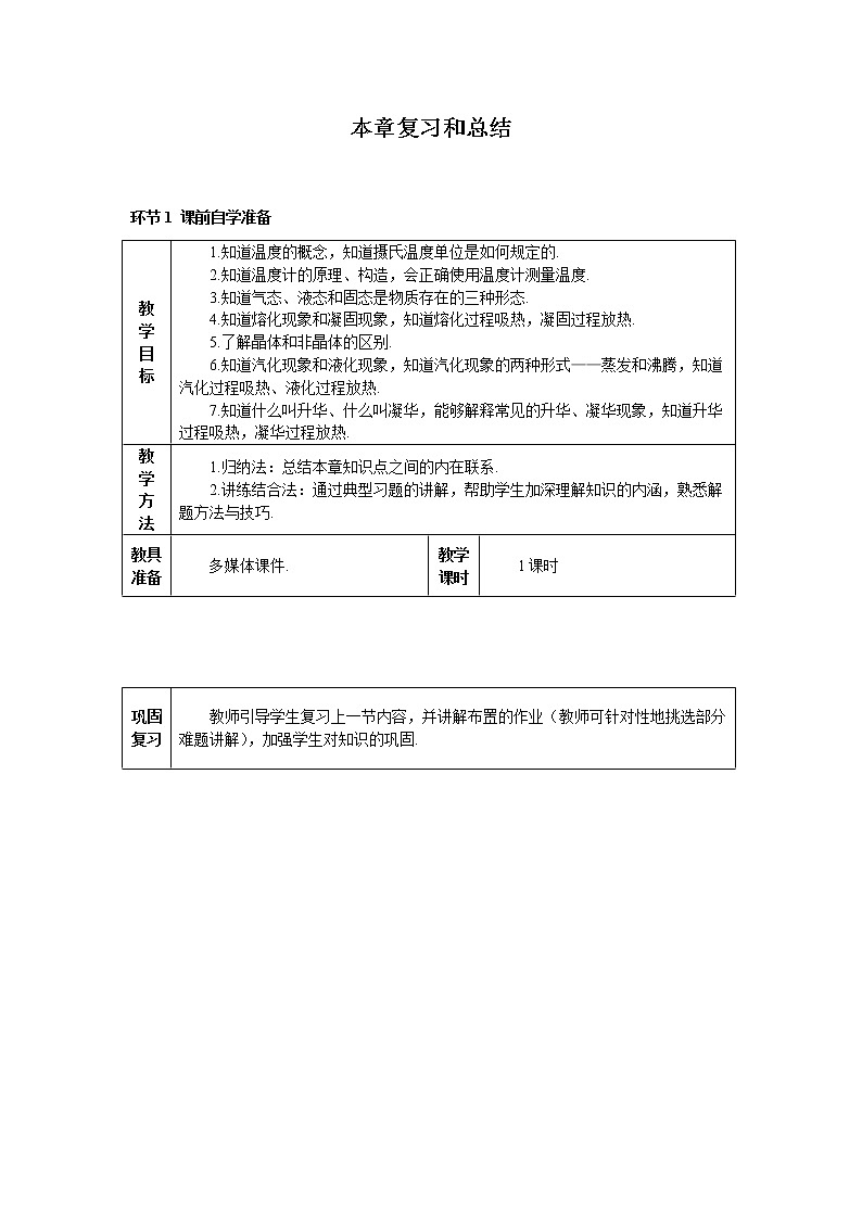 2021年初中物理人教版八年级上册 第三章 复习和总结 学案01