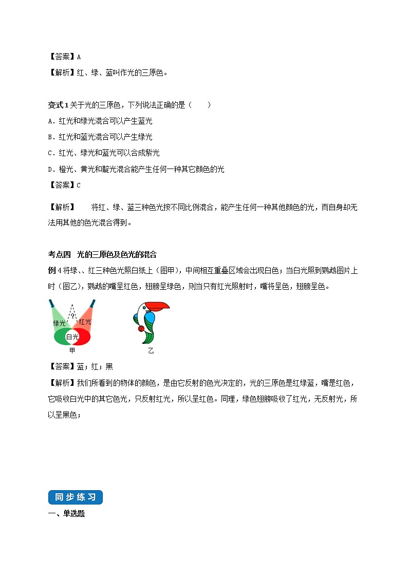 2020_2021学年八年级物理上册3.1光的色彩颜色考点突破与同步练习含解析新版苏科版03
