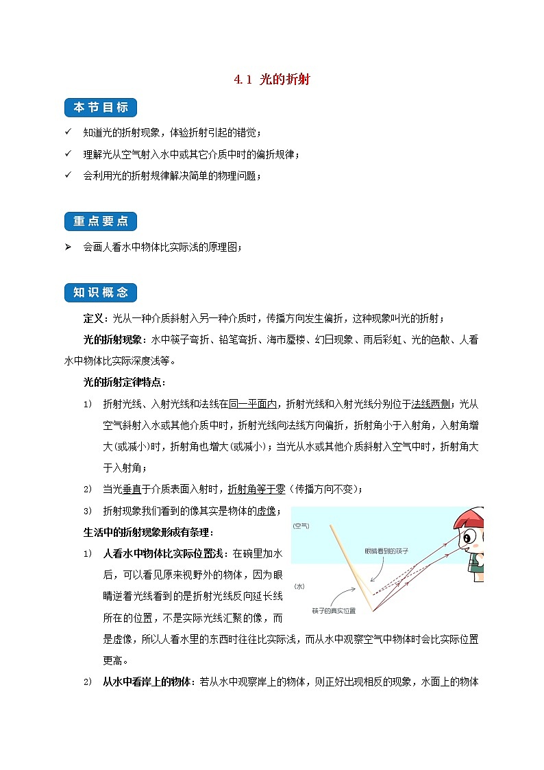 2020_2021学年八年级物理上册4.1光的折射考点突破与同步练习含解析新版苏科版01
