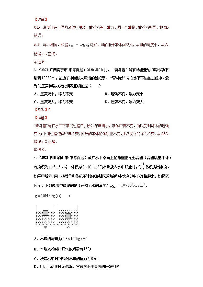 2021年中考物理真题汇编（全国通用）专题09浮力及其应用（第3期）（原卷版+解析版）02