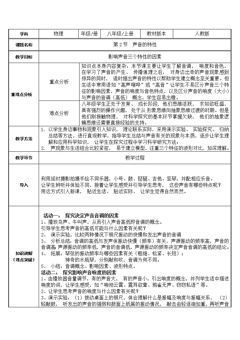八年级物理上册教案-2.2 声音的特性4-人教版第1页